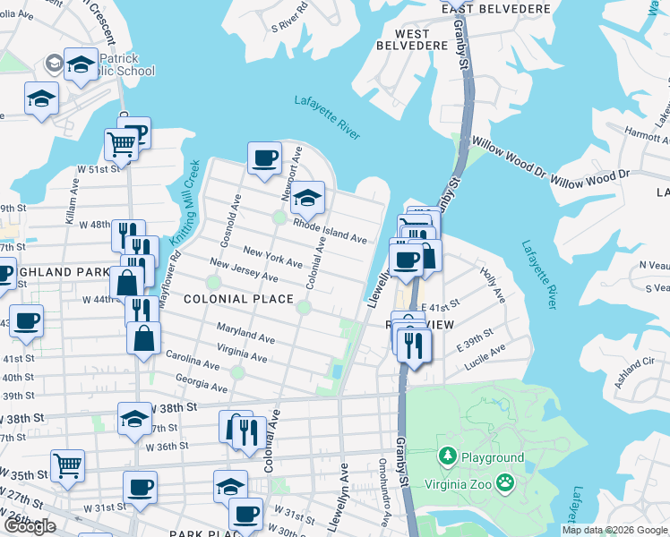 map of restaurants, bars, coffee shops, grocery stores, and more near 437 New York Avenue in Norfolk