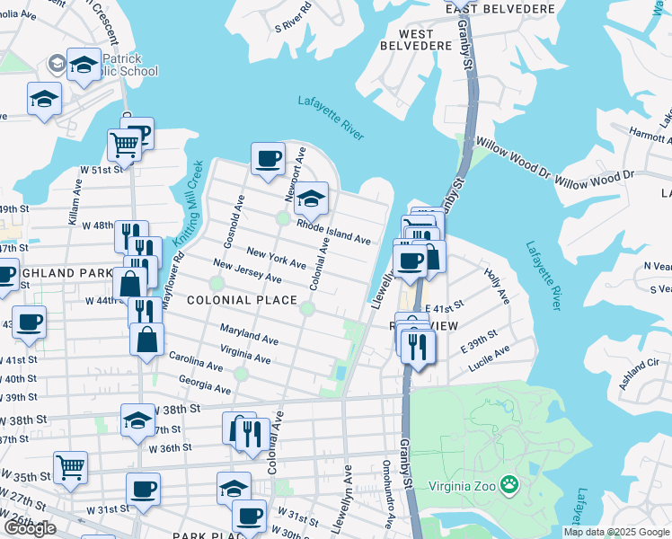 map of restaurants, bars, coffee shops, grocery stores, and more near 437 New York Avenue in Norfolk