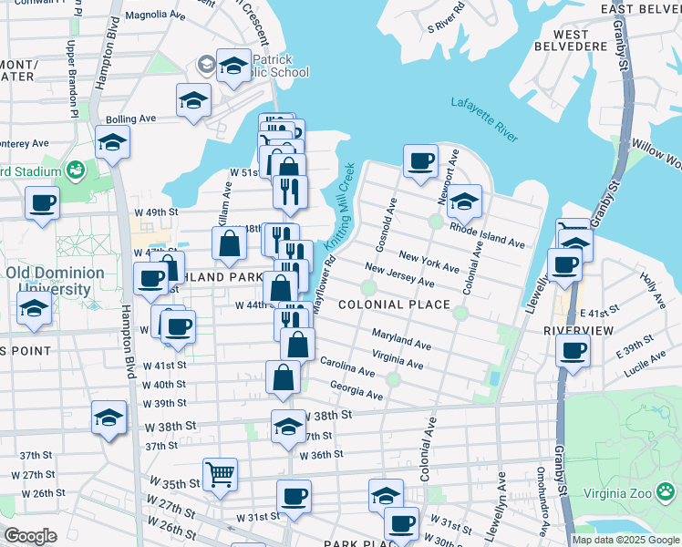 map of restaurants, bars, coffee shops, grocery stores, and more near 4410 Mayflower Road in Norfolk