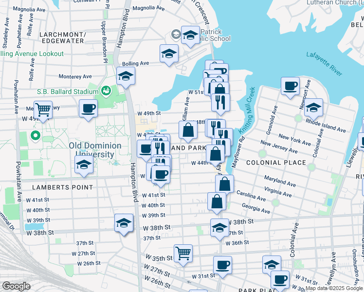 map of restaurants, bars, coffee shops, grocery stores, and more near 850 West 45th Street in Norfolk