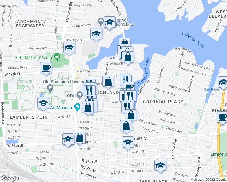 map of restaurants, bars, coffee shops, grocery stores, and more near 847 West 46th Street in Norfolk