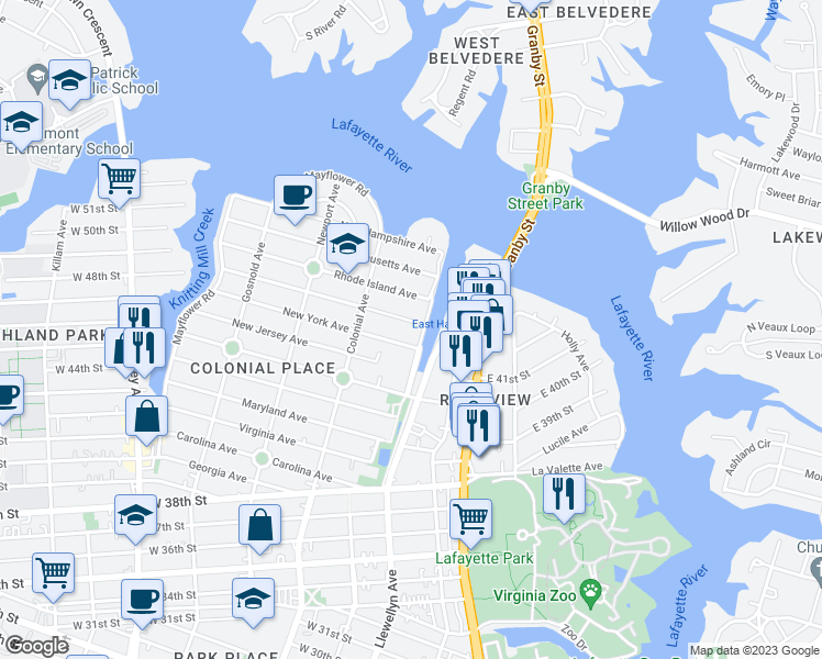 map of restaurants, bars, coffee shops, grocery stores, and more near 409 Connecticut Avenue in Norfolk