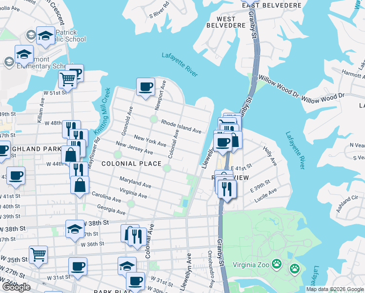 map of restaurants, bars, coffee shops, grocery stores, and more near 437 New York Avenue in Norfolk