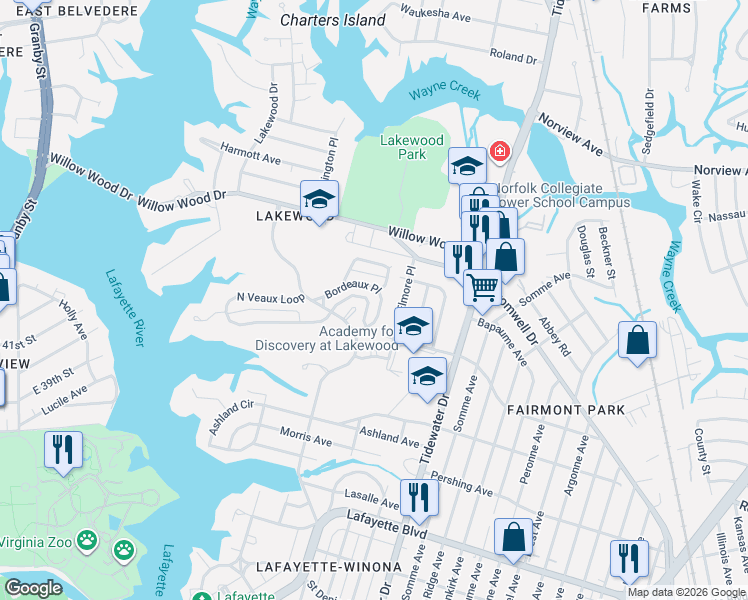 map of restaurants, bars, coffee shops, grocery stores, and more near 1548 Bordeaux Place in Norfolk