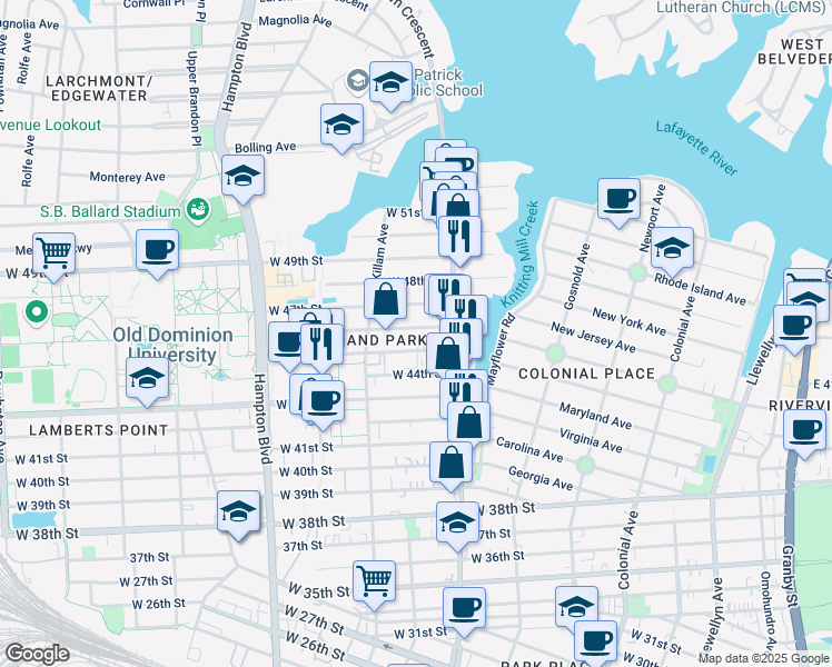 map of restaurants, bars, coffee shops, grocery stores, and more near 835 West 46th Street in Norfolk
