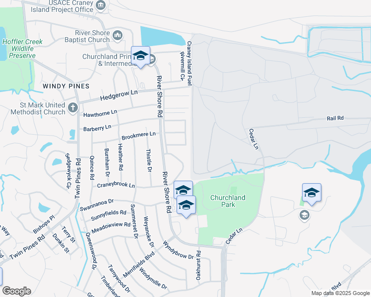 map of restaurants, bars, coffee shops, grocery stores, and more near 5647 Craneybrook Lane in Portsmouth
