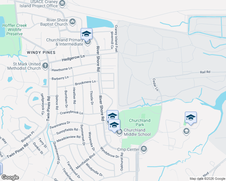 map of restaurants, bars, coffee shops, grocery stores, and more near 5647 Craneybrook Lane in Portsmouth