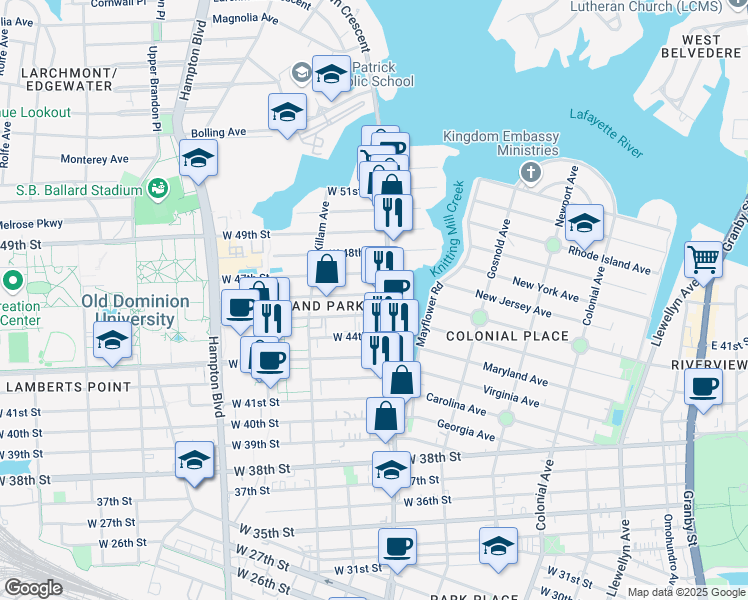 map of restaurants, bars, coffee shops, grocery stores, and more near 813 West 46th Street in Norfolk