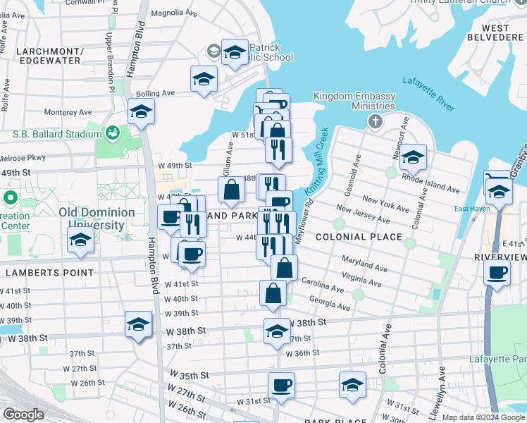 map of restaurants, bars, coffee shops, grocery stores, and more near 815 West 46th Street in Norfolk