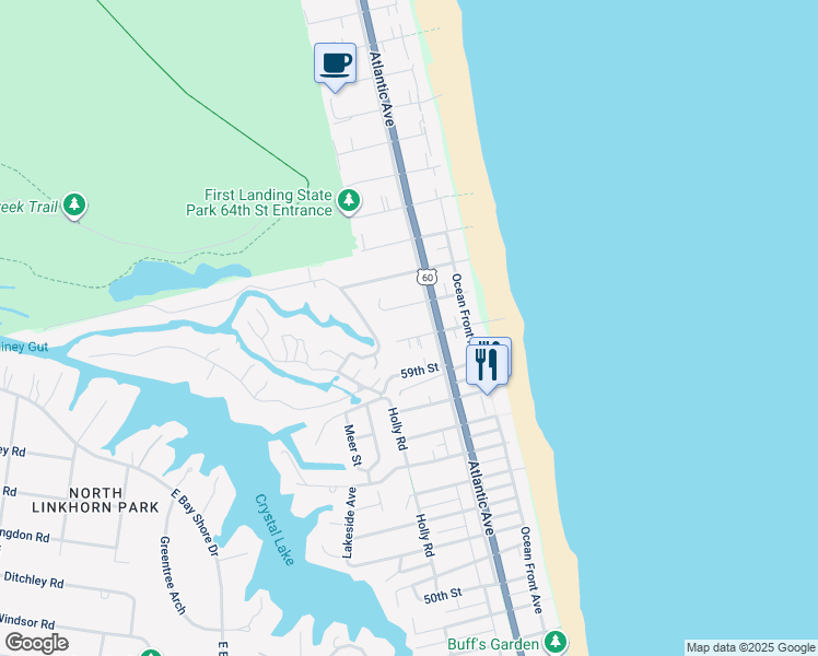 map of restaurants, bars, coffee shops, grocery stores, and more near 207 60th Street in Virginia Beach