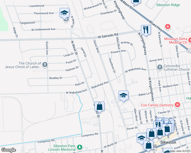 map of restaurants, bars, coffee shops, grocery stores, and more near 216 David Drive in Sikeston