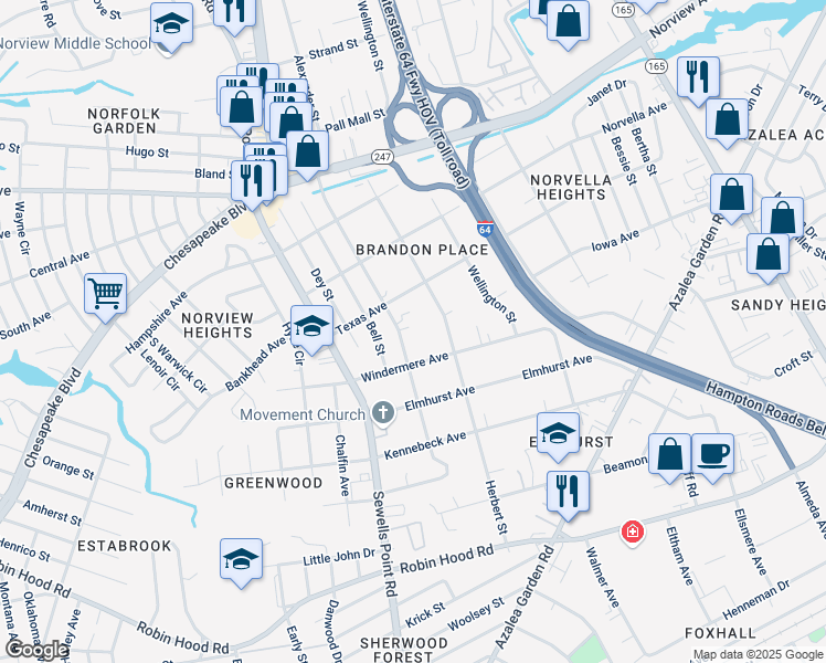 map of restaurants, bars, coffee shops, grocery stores, and more near 3415 Humboldt Street in Norfolk
