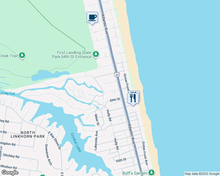 map of restaurants, bars, coffee shops, grocery stores, and more near 209 60th Street in Virginia Beach