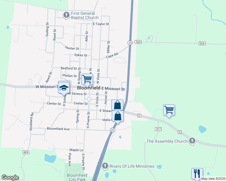 map of restaurants, bars, coffee shops, grocery stores, and more near 301 East Court Street in Bloomfield