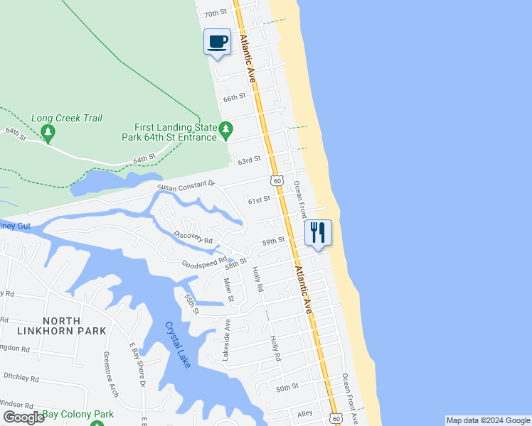 map of restaurants, bars, coffee shops, grocery stores, and more near 207 60th Street in Virginia Beach