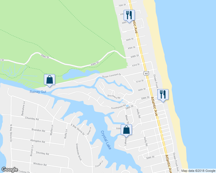 map of restaurants, bars, coffee shops, grocery stores, and more near 432 Gosnold Court in Virginia Beach