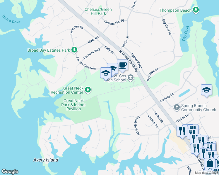 map of restaurants, bars, coffee shops, grocery stores, and more near 2425 Shorehaven Drive in Virginia Beach