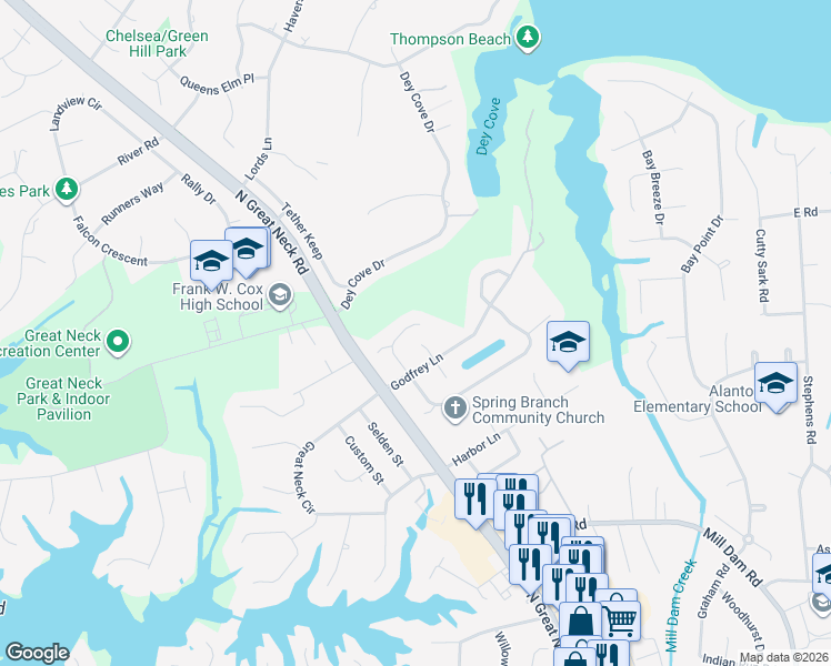 map of restaurants, bars, coffee shops, grocery stores, and more near 1505 Beringer Place in Virginia Beach