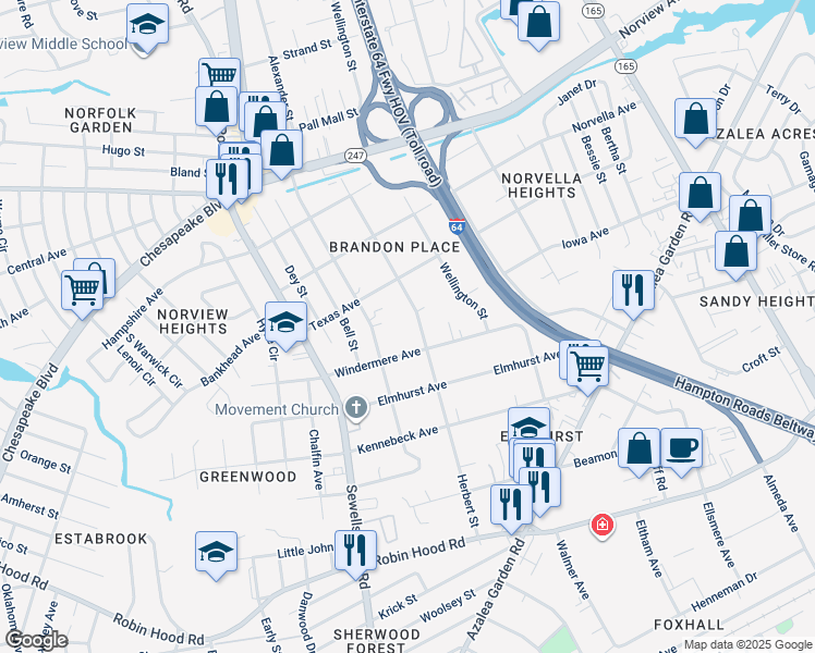 map of restaurants, bars, coffee shops, grocery stores, and more near 3423 Herbert Street in Norfolk