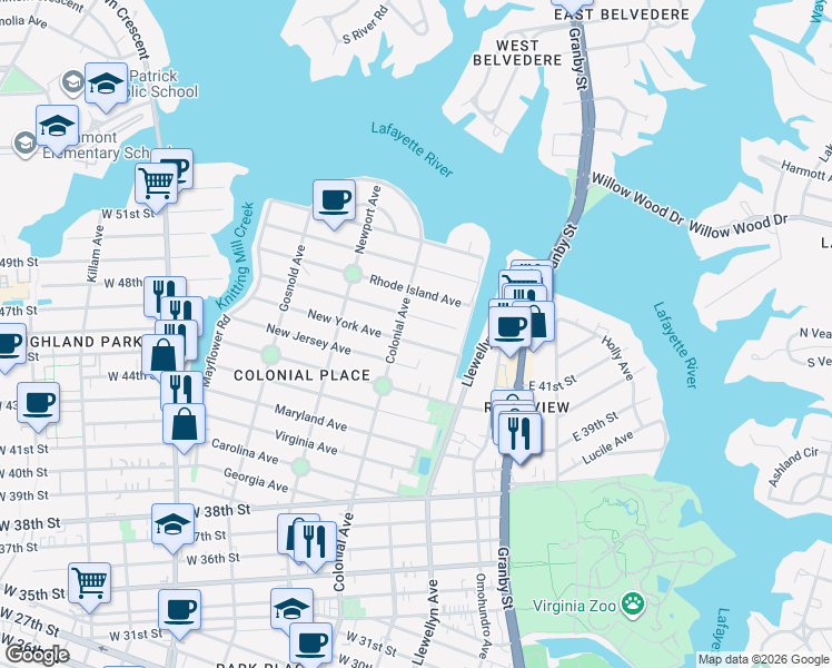 map of restaurants, bars, coffee shops, grocery stores, and more near 437 New York Avenue in Norfolk