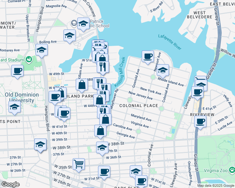 map of restaurants, bars, coffee shops, grocery stores, and more near 4410 Mayflower Road in Norfolk