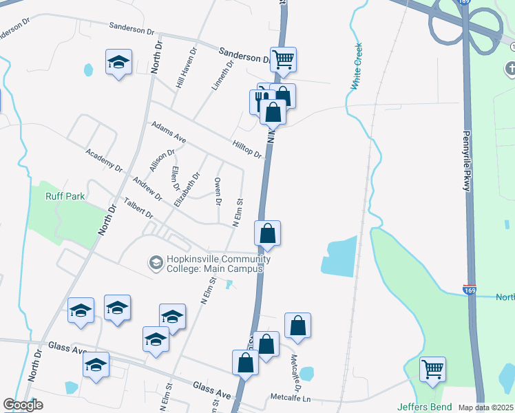 map of restaurants, bars, coffee shops, grocery stores, and more near 1026-1098 North Main Street in Hopkinsville