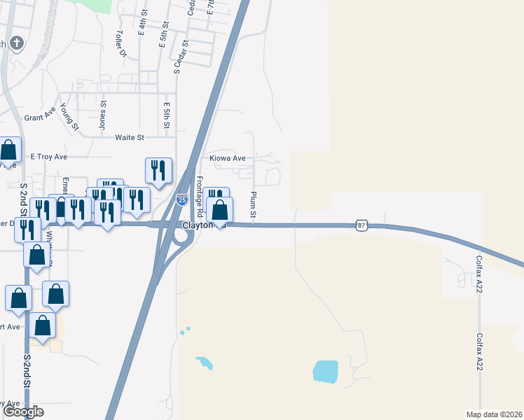 map of restaurants, bars, coffee shops, grocery stores, and more near Clayton Road in Raton