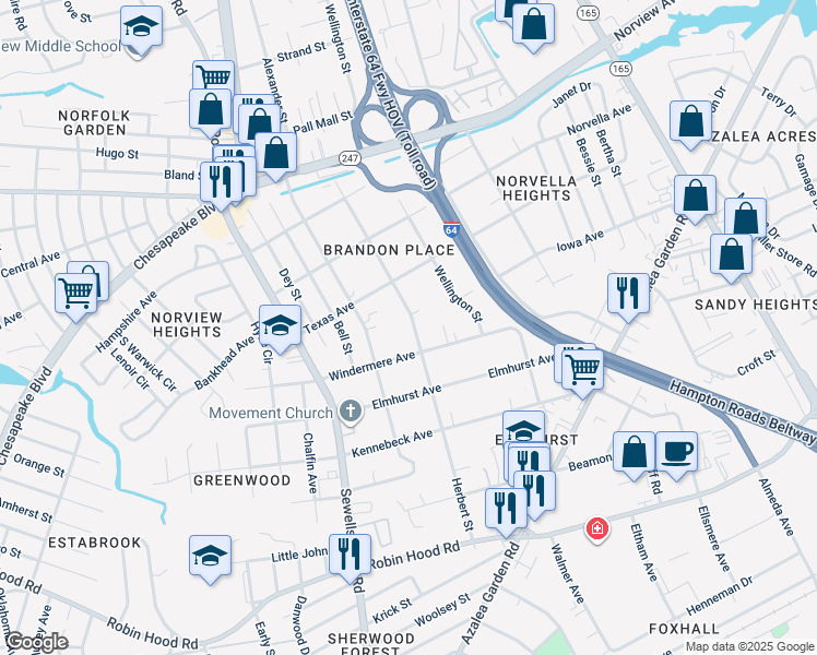 map of restaurants, bars, coffee shops, grocery stores, and more near 3423 Herbert Street in Norfolk