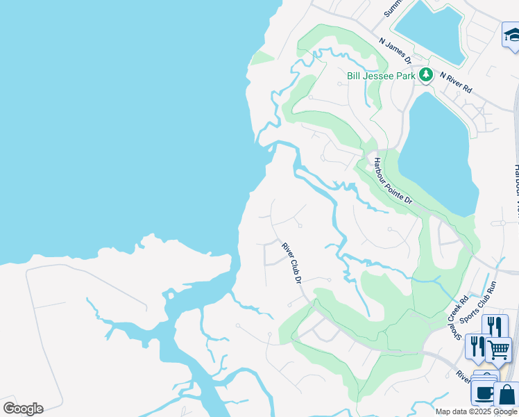map of restaurants, bars, coffee shops, grocery stores, and more near 5263 River Club Drive in Suffolk