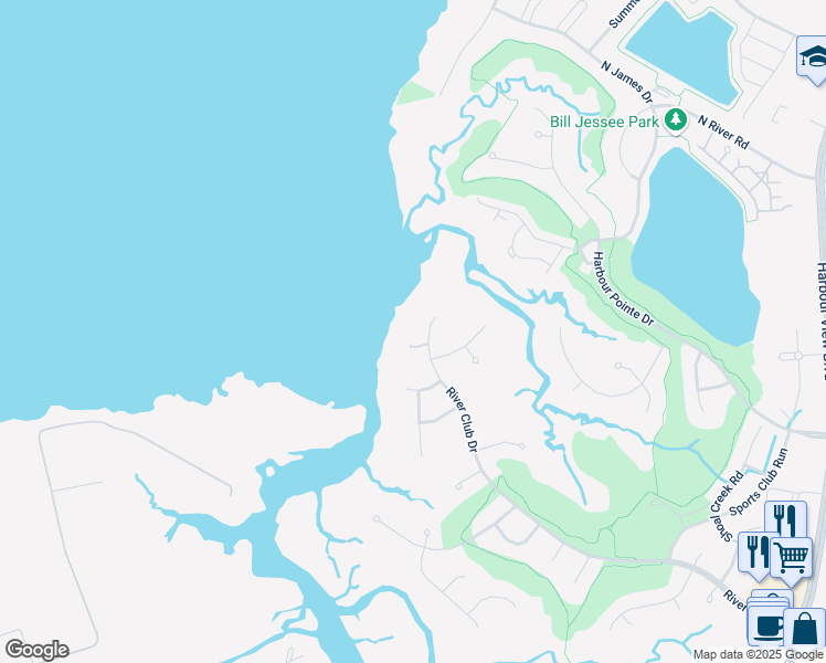 map of restaurants, bars, coffee shops, grocery stores, and more near 5263 River Club Drive in Suffolk