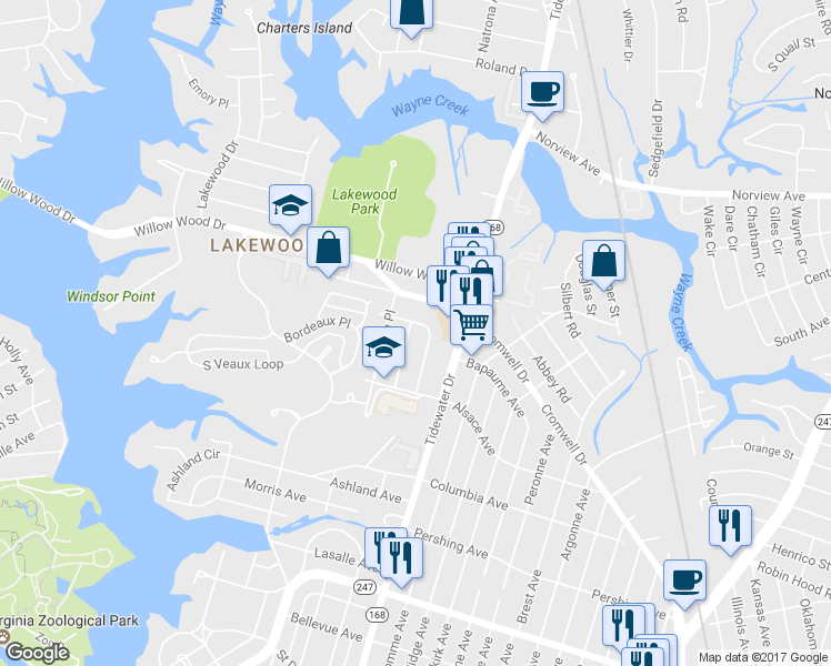 map of restaurants, bars, coffee shops, grocery stores, and more near 3520 Pomroy Avenue in Norfolk