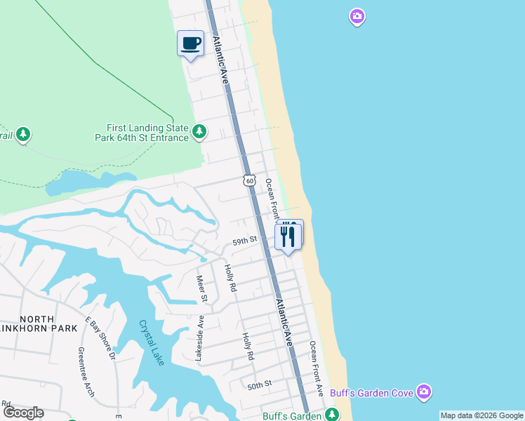 map of restaurants, bars, coffee shops, grocery stores, and more near 5900 Atlantic Avenue in Virginia Beach