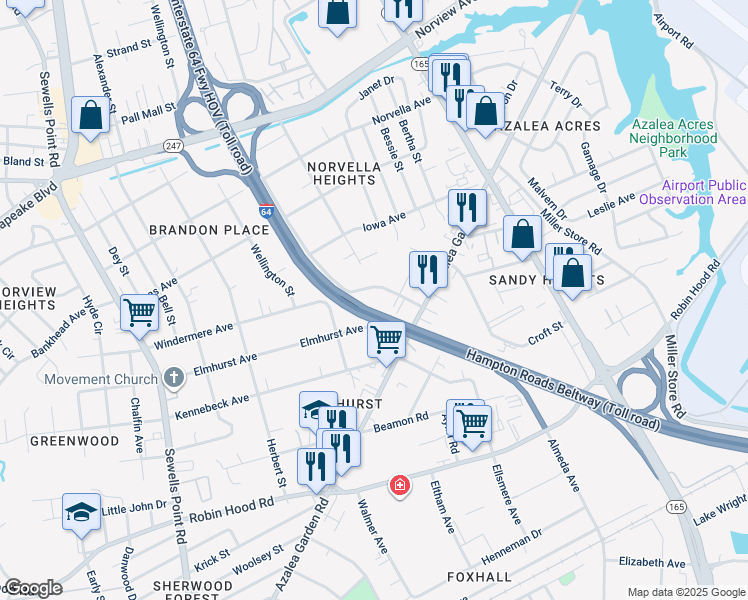 map of restaurants, bars, coffee shops, grocery stores, and more near 5229 Windermere Avenue in Norfolk