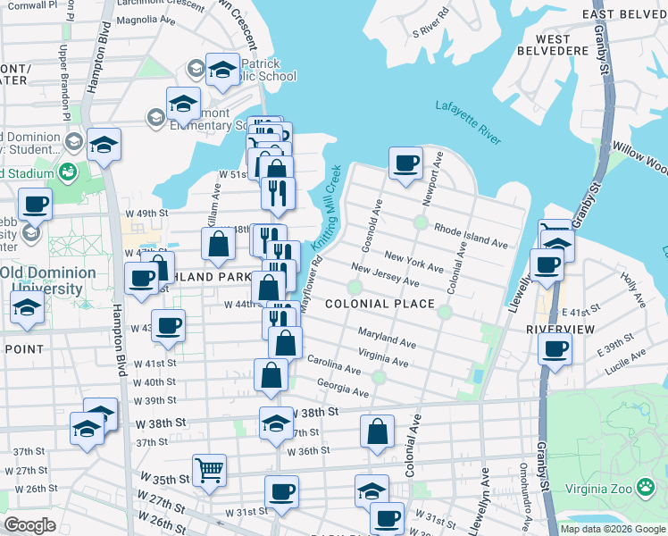 map of restaurants, bars, coffee shops, grocery stores, and more near 710 Delaware Avenue in Norfolk