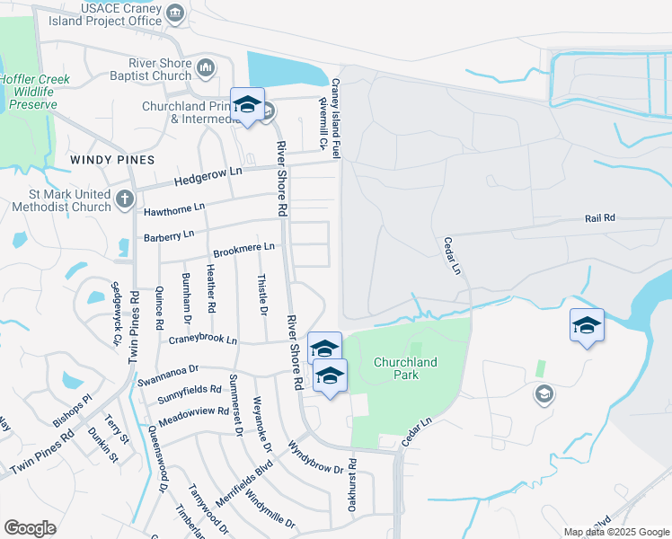 map of restaurants, bars, coffee shops, grocery stores, and more near 5647 Craneybrook Lane in Portsmouth