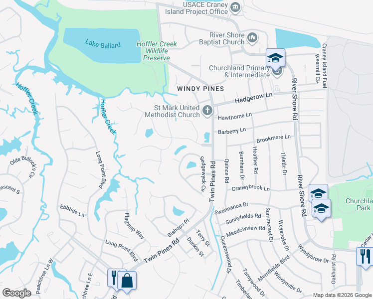 map of restaurants, bars, coffee shops, grocery stores, and more near 4261 Sedgewyck Circle in Portsmouth