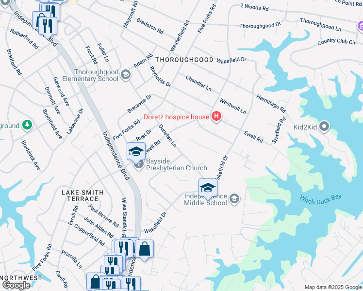 map of restaurants, bars, coffee shops, grocery stores, and more near 1385 Dunstan Lane in Virginia Beach