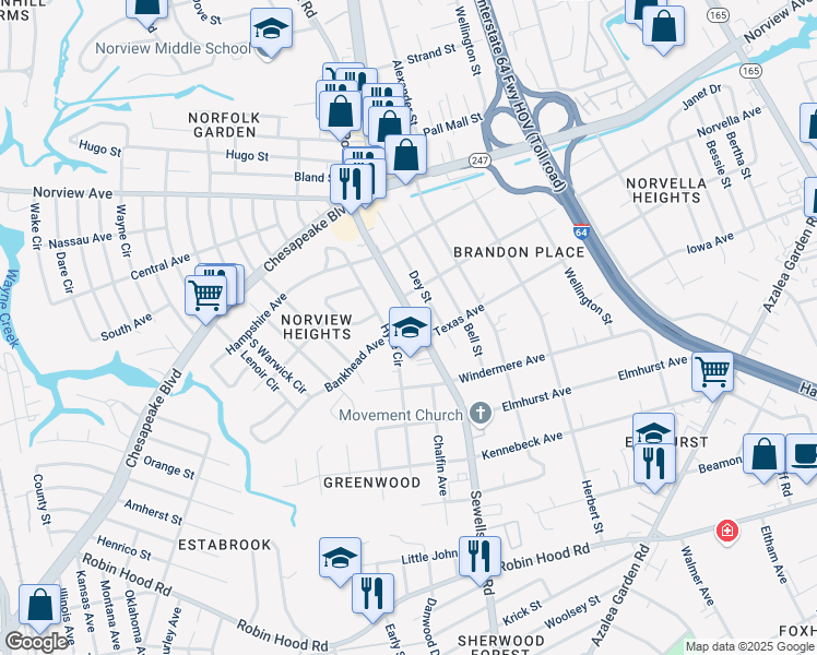 map of restaurants, bars, coffee shops, grocery stores, and more near 3435 Sewells Point Road in Norfolk