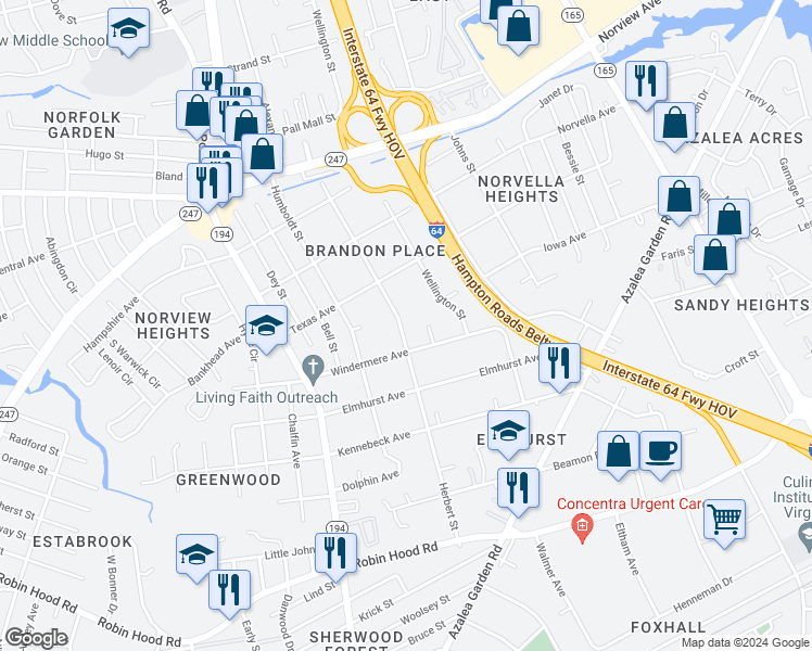 map of restaurants, bars, coffee shops, grocery stores, and more near 3422 Herbert Street in Norfolk