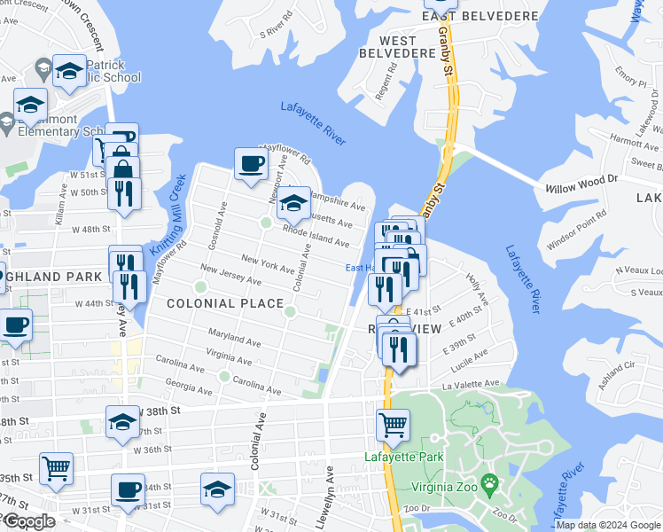 map of restaurants, bars, coffee shops, grocery stores, and more near 423 Connecticut Avenue in Norfolk