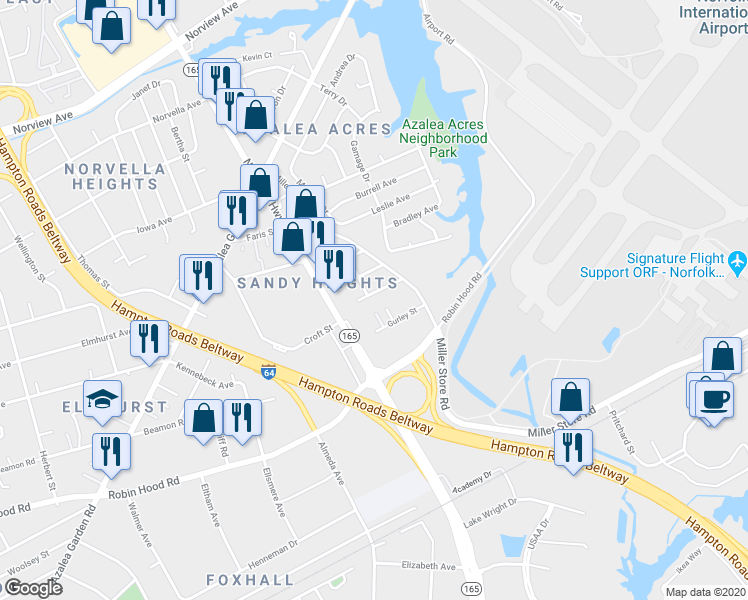map of restaurants, bars, coffee shops, grocery stores, and more near 3335 Loam Street in Norfolk