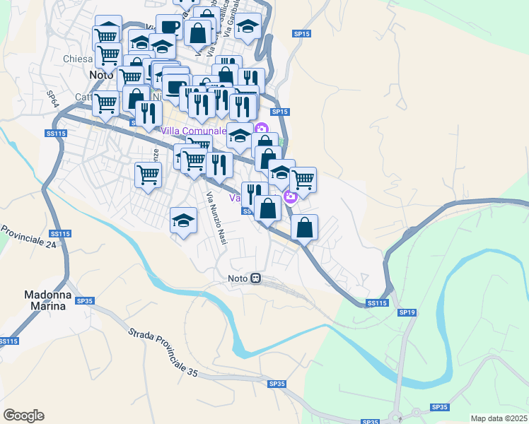 map of restaurants, bars, coffee shops, grocery stores, and more near Via Principe Umberto in Noto