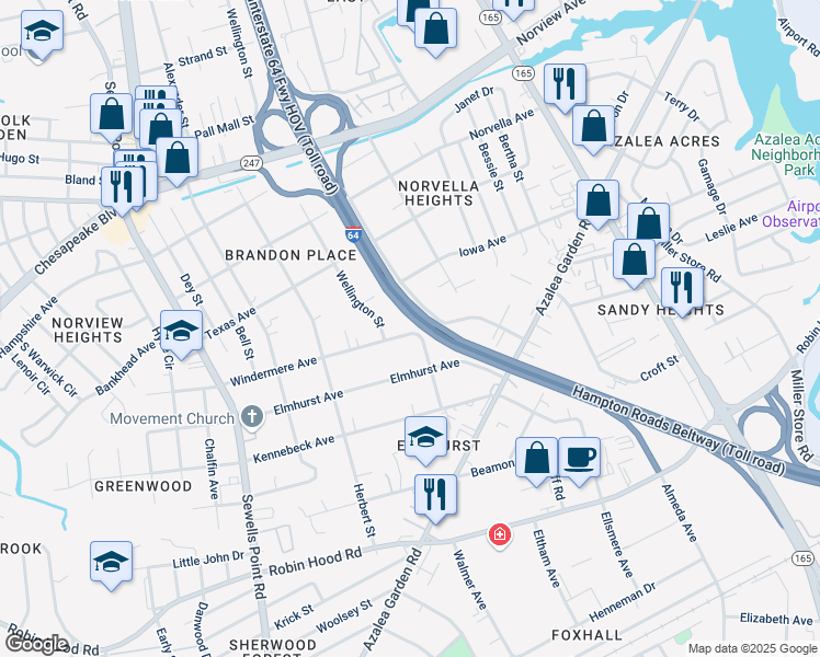 map of restaurants, bars, coffee shops, grocery stores, and more near 3426 Thomas Street in Norfolk
