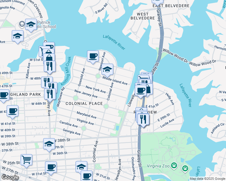 map of restaurants, bars, coffee shops, grocery stores, and more near 4808 Colonial Avenue in Norfolk