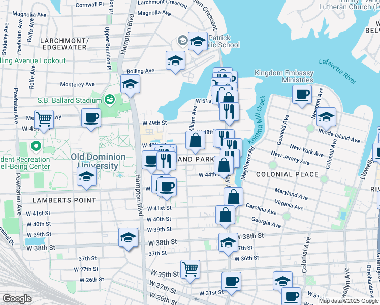 map of restaurants, bars, coffee shops, grocery stores, and more near 4600 Killam Avenue in Norfolk