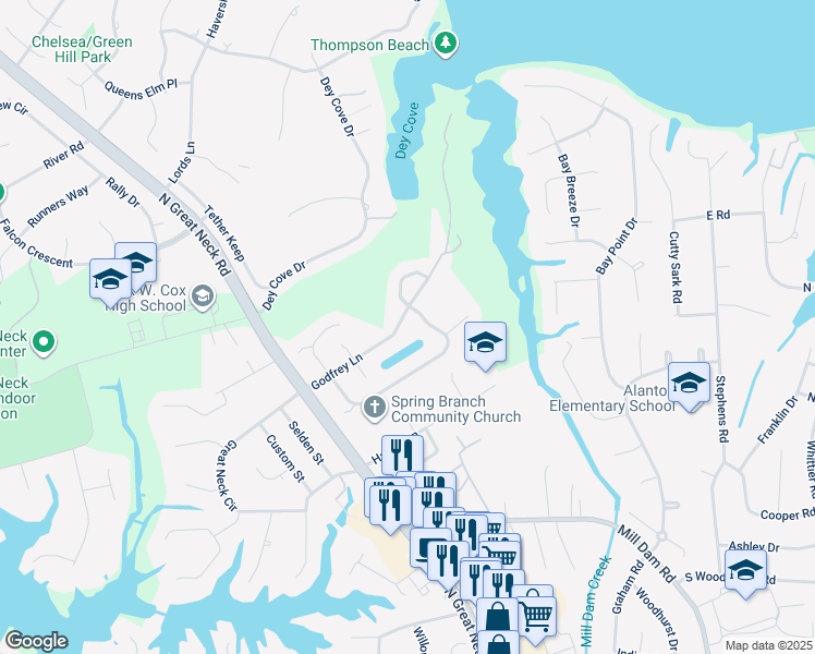 map of restaurants, bars, coffee shops, grocery stores, and more near 1556 Godfrey Lane in Virginia Beach