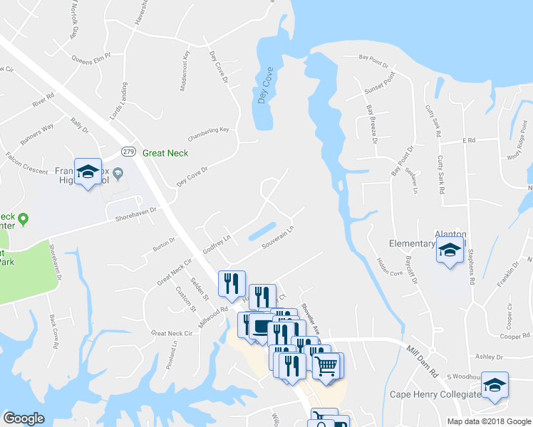 map of restaurants, bars, coffee shops, grocery stores, and more near 1556 Godfrey Lane in Virginia Beach