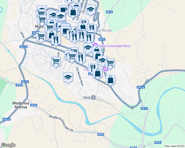 map of restaurants, bars, coffee shops, grocery stores, and more near 83 Viale Principe di Piemonte in Noto
