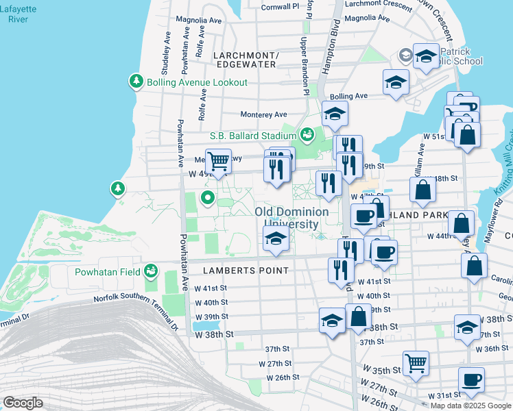 map of restaurants, bars, coffee shops, grocery stores, and more near 4810 Elkhorn Avenue in Norfolk