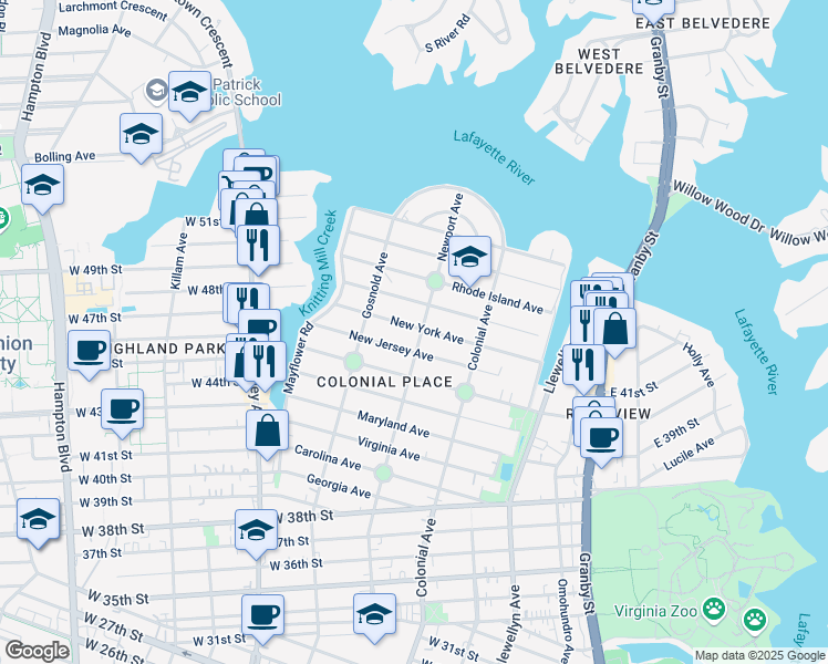 map of restaurants, bars, coffee shops, grocery stores, and more near 4715 Newport Avenue in Norfolk